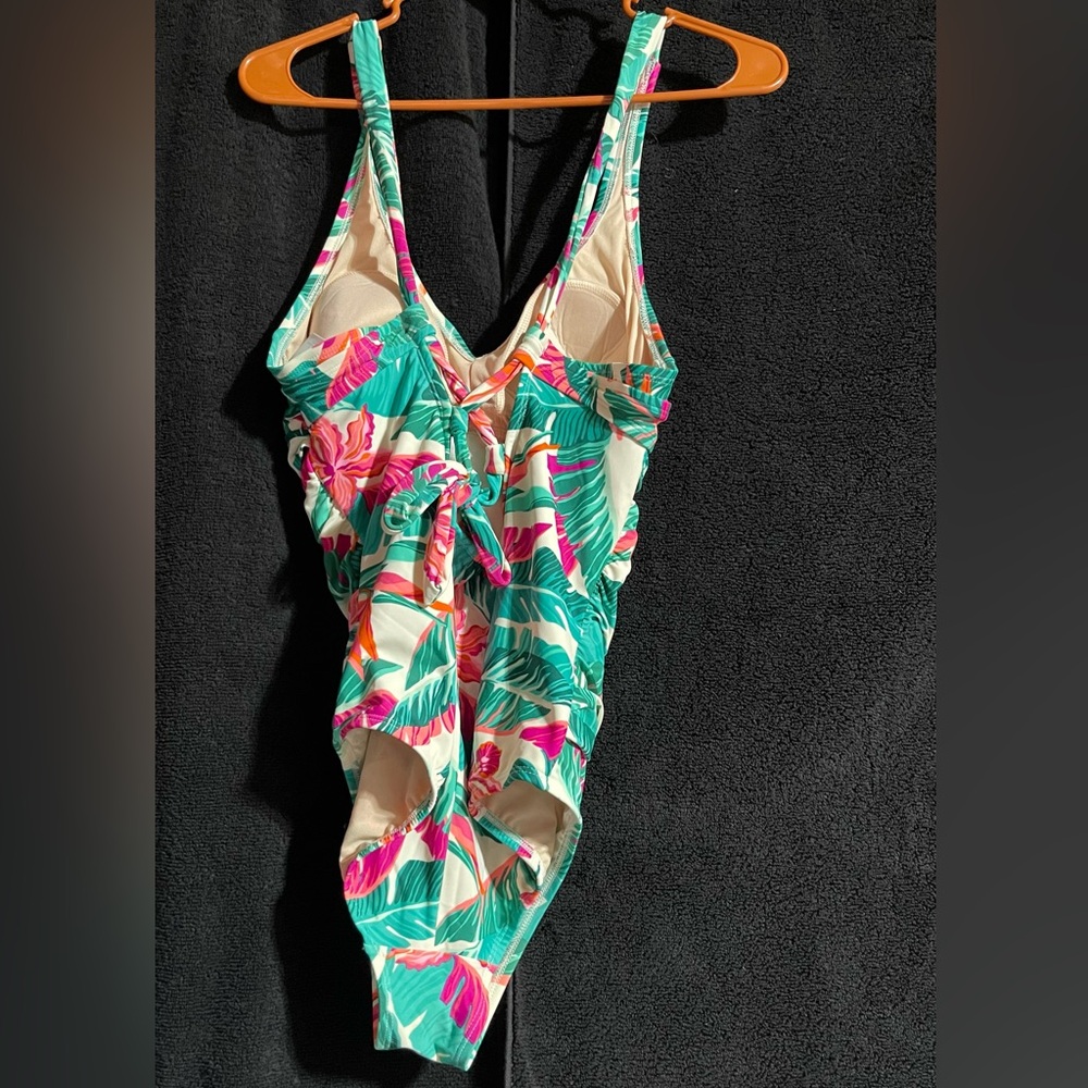 Kona Sol Pink and Green One Piece Swimsuit V-Neck Ruffled